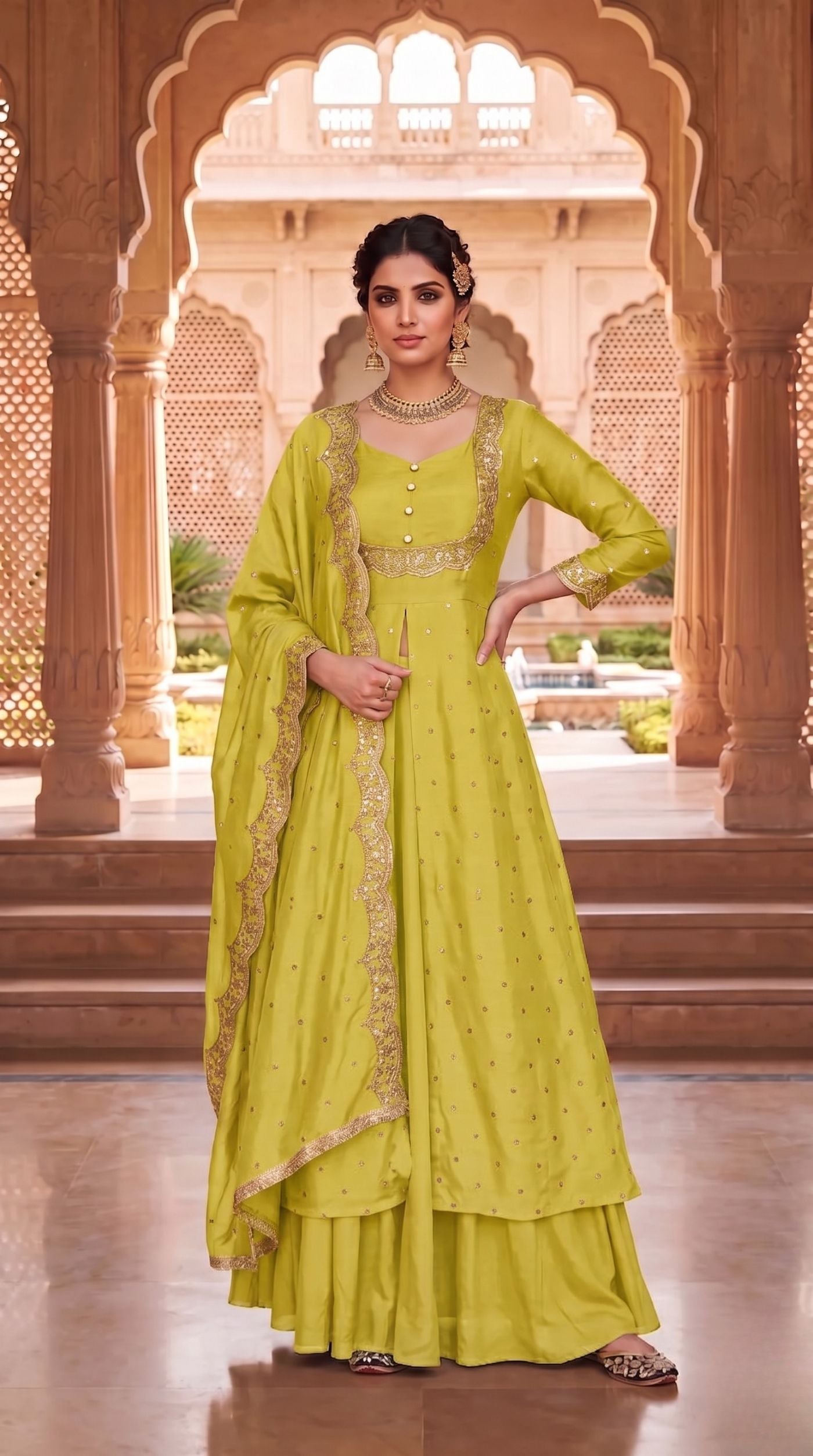Mustard Vichitra Silk Bias Cut Skirt Set with Scalloped Dupatta