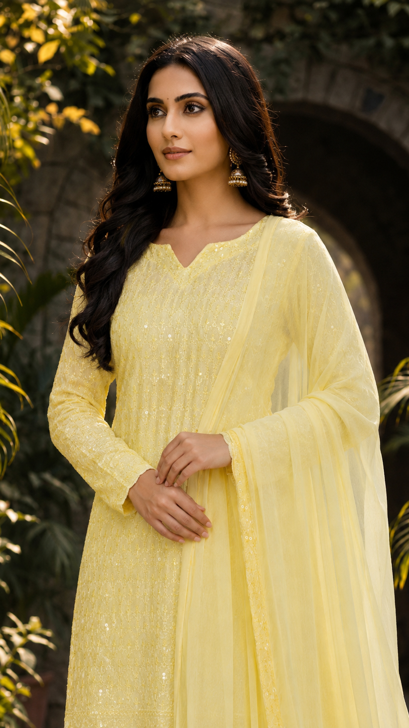 Buy pastel yellow sequin embroidered Pakistani salwar kameez with loose trousers and matching sheer dupatta for women online at Diya Online