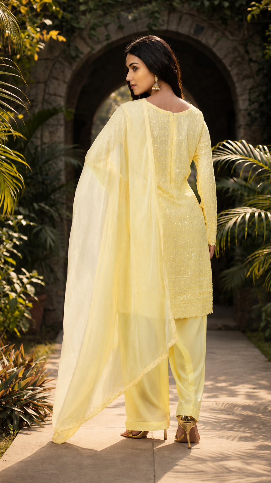 Buy pastel yellow sequin embroidered Pakistani salwar kameez with loose trousers and matching sheer dupatta for women online at Diya Online