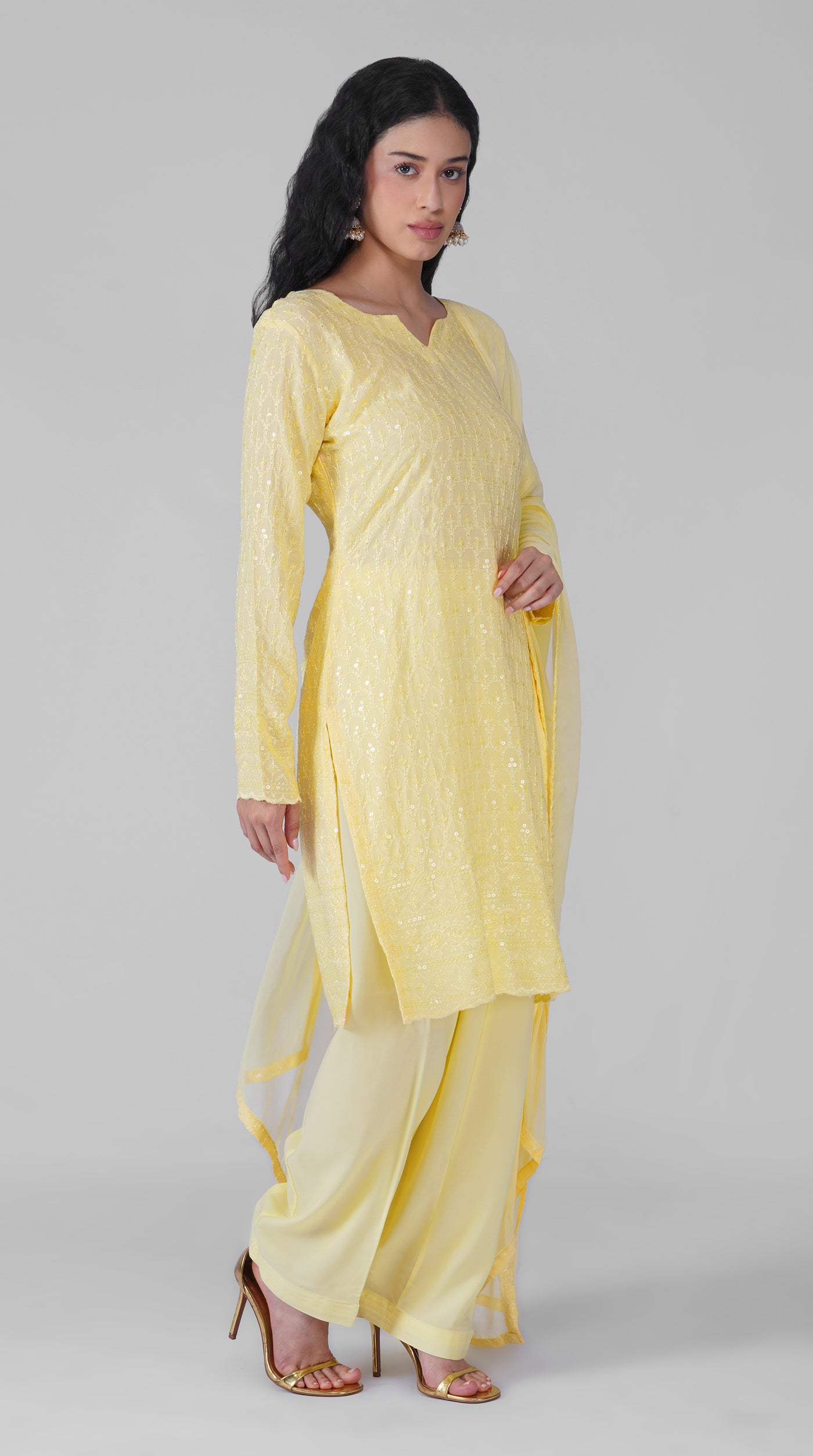 Lemon yellow Chikankari kurta with matching salwar