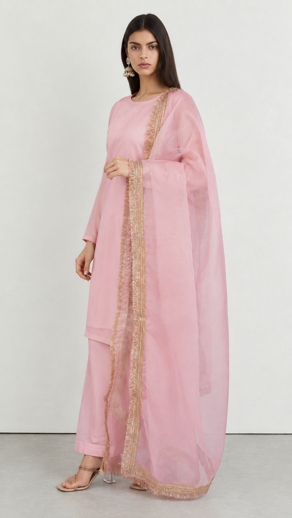 Pink star georgette suit set with gold fringe organza dupatta