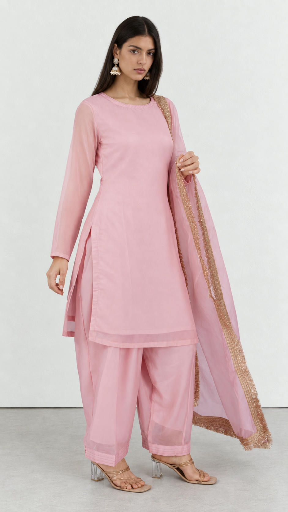 Pink star georgette suit set with gold fringe organza dupatta