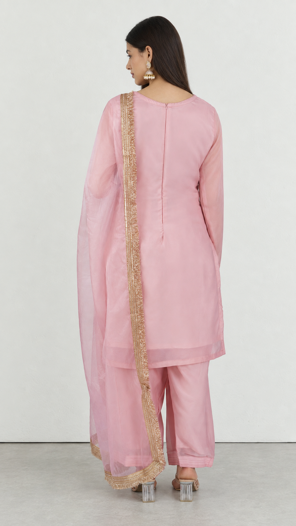 Pink star georgette suit set with gold fringe organza dupatta
