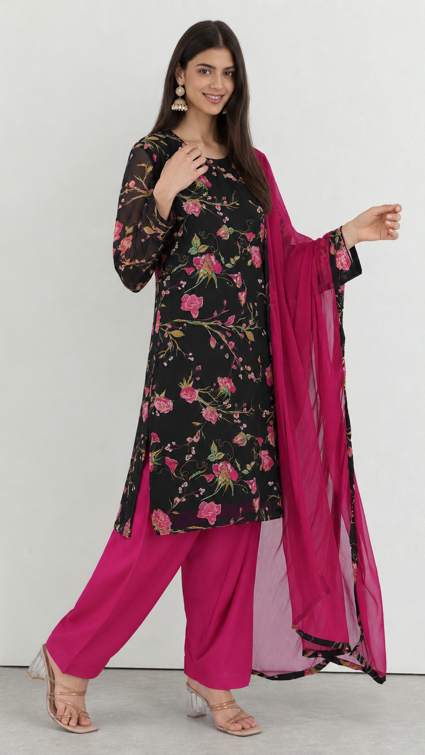 Black georgette ethnic suit with purple salwar and printed dupatta