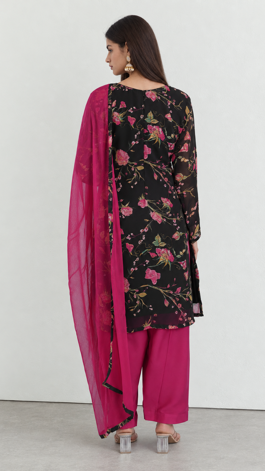 Black georgette ethnic suit with purple salwar and printed dupatta