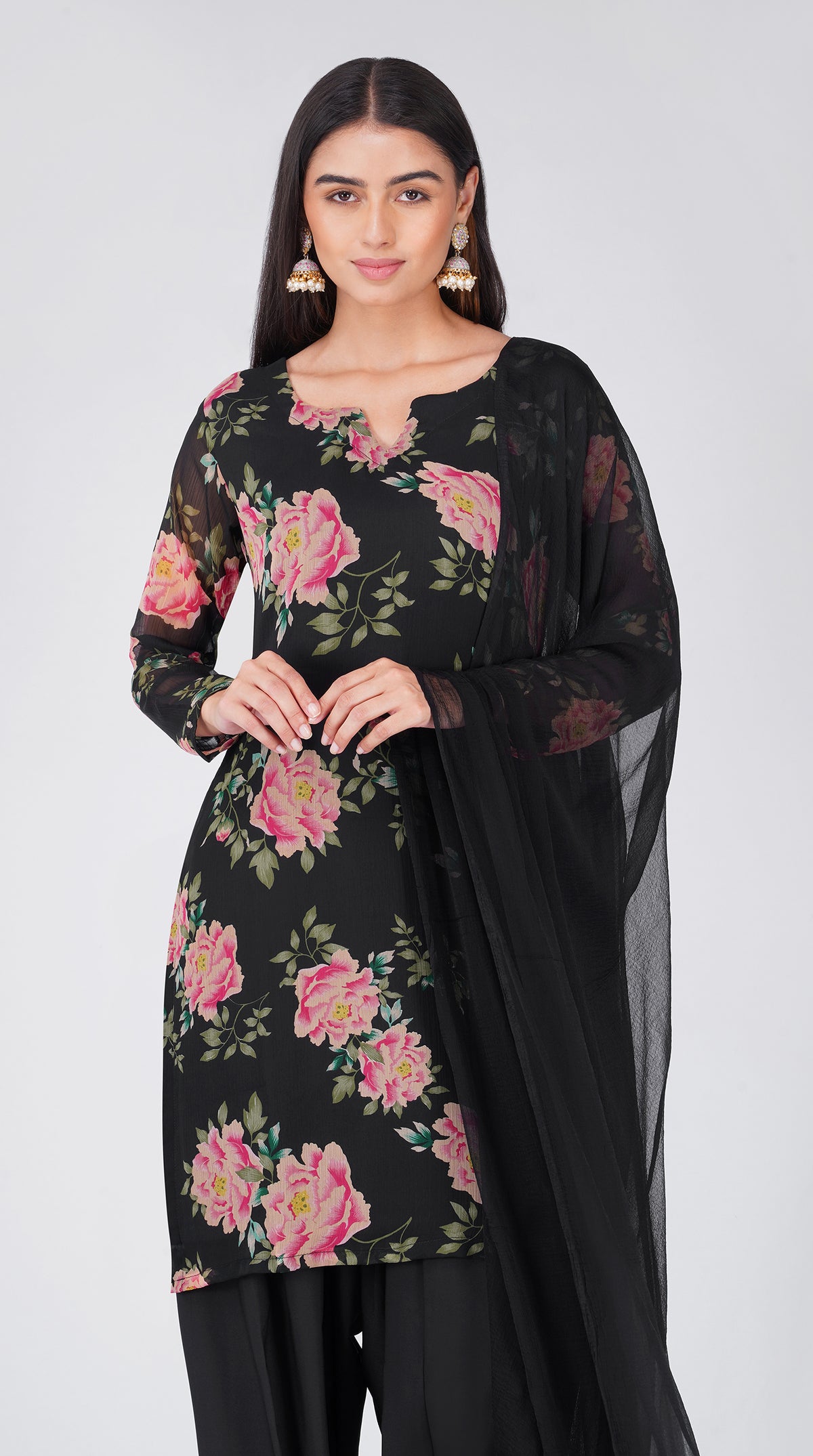 Midnight Floral Georgette Suit Set with Chiffon Dupatta