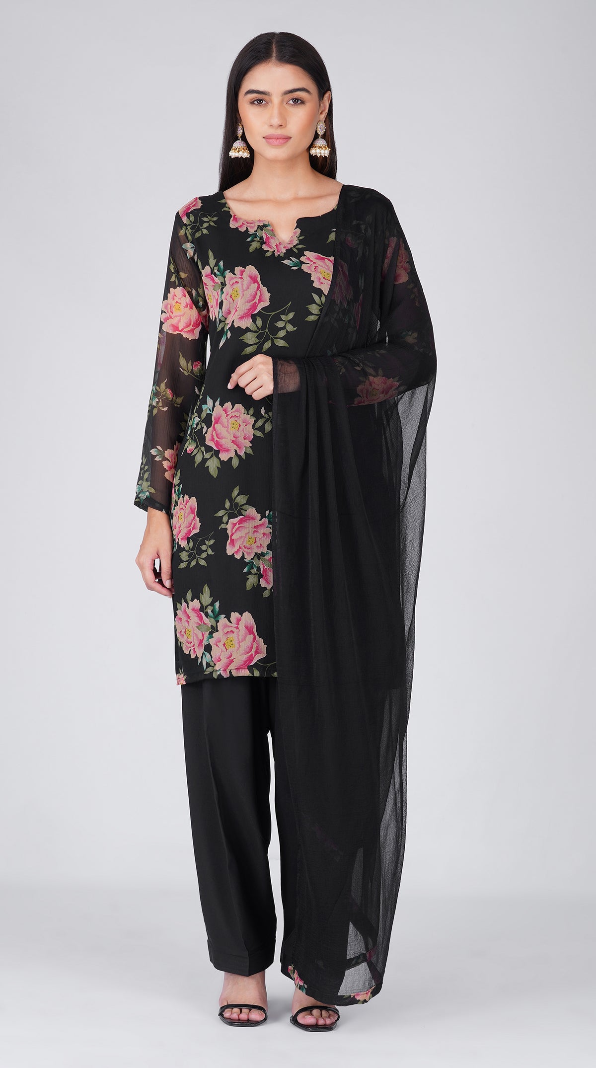 Midnight Floral Georgette Suit Set with Chiffon Dupatta