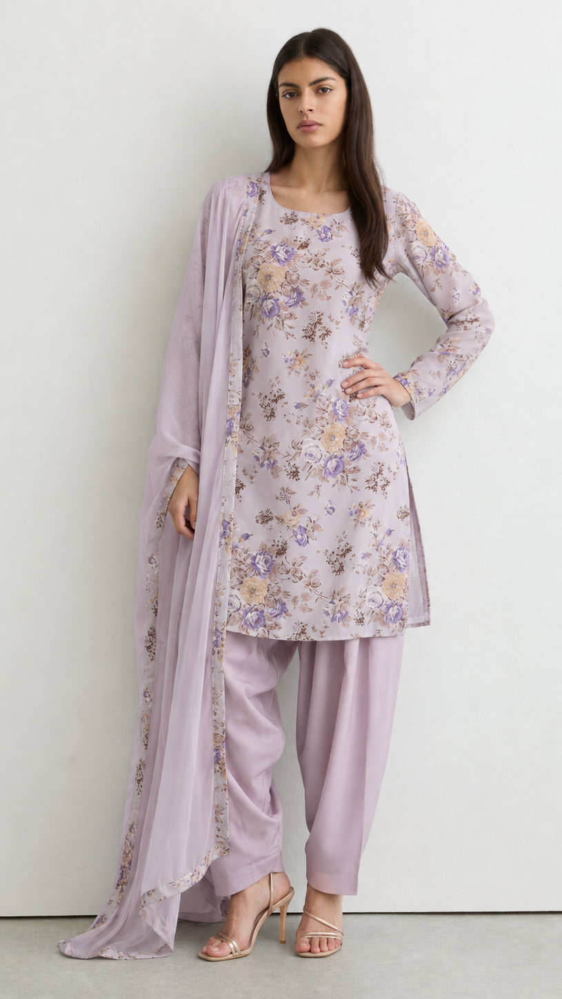 Young woman wearing a lilac floral print kurta set with matching trousers and a coordinating sheer dupatta with floral border.
