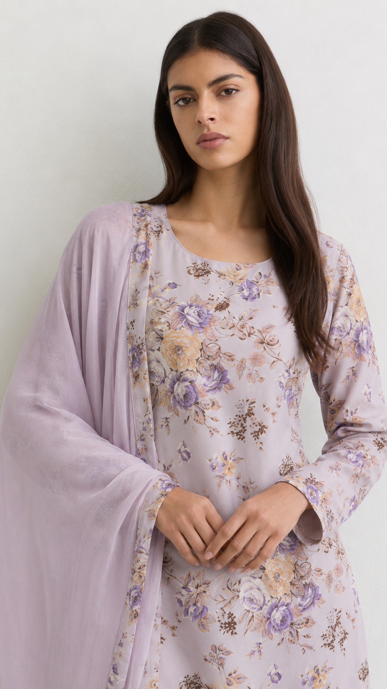 Young woman wearing a lilac floral print kurta set with matching trousers and a coordinating sheer dupatta with floral border.