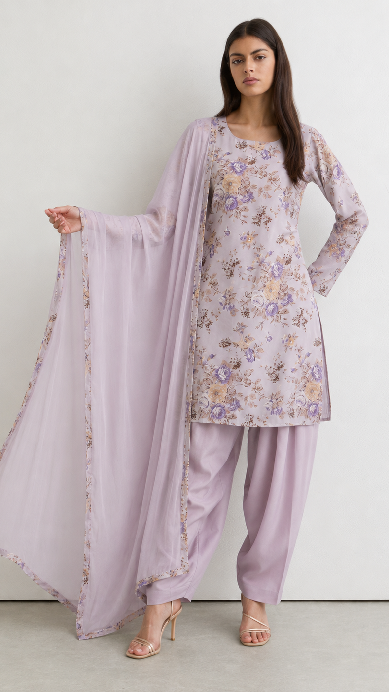 Young woman wearing a lilac floral print kurta set with matching trousers and a coordinating sheer dupatta with floral border.