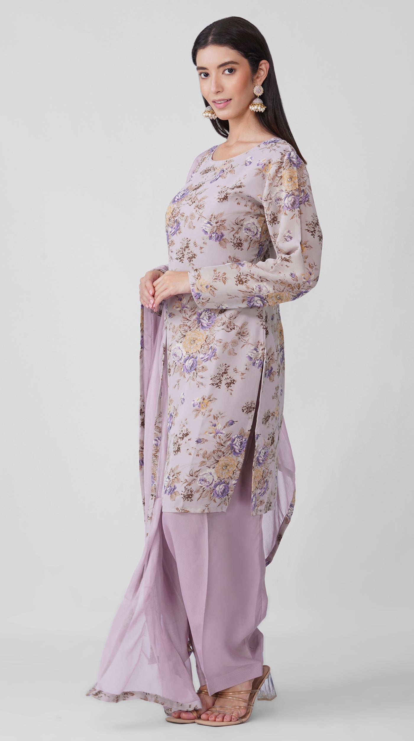 Lilac Meadow Floral Printed Georgette Suit Set with Chiffon Dupatta