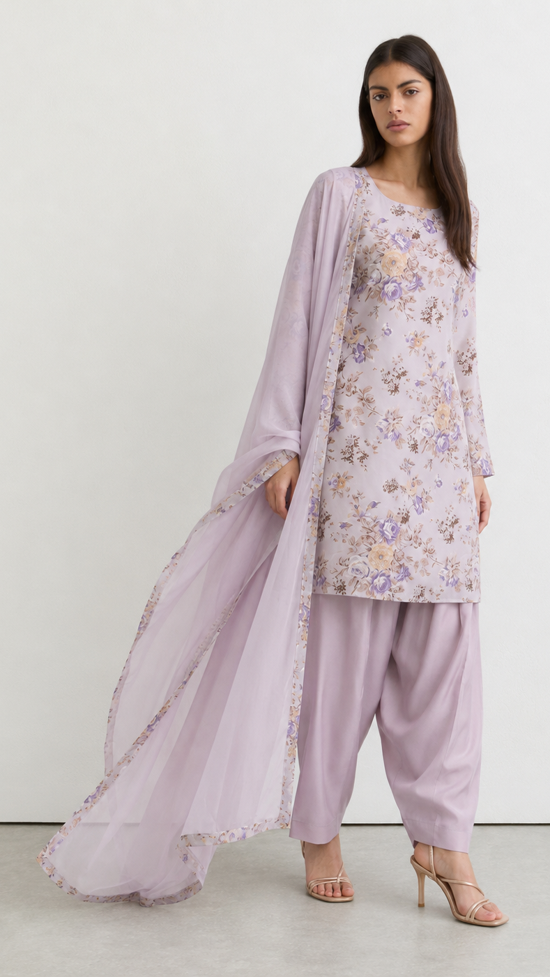 Young woman wearing a lilac floral print kurta set with matching trousers and a coordinating sheer dupatta with floral border.