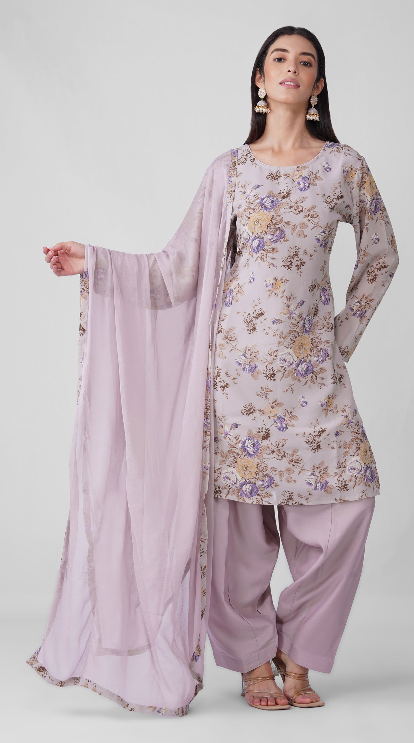 Lilac Meadow Floral Printed Georgette Suit Set with Chiffon Dupatta