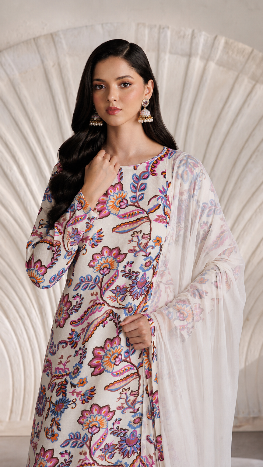 Buy white multicolour floral print Pakistani salwar kameez with loose trousers and matching sheer dupatta for women online at Diya Online.