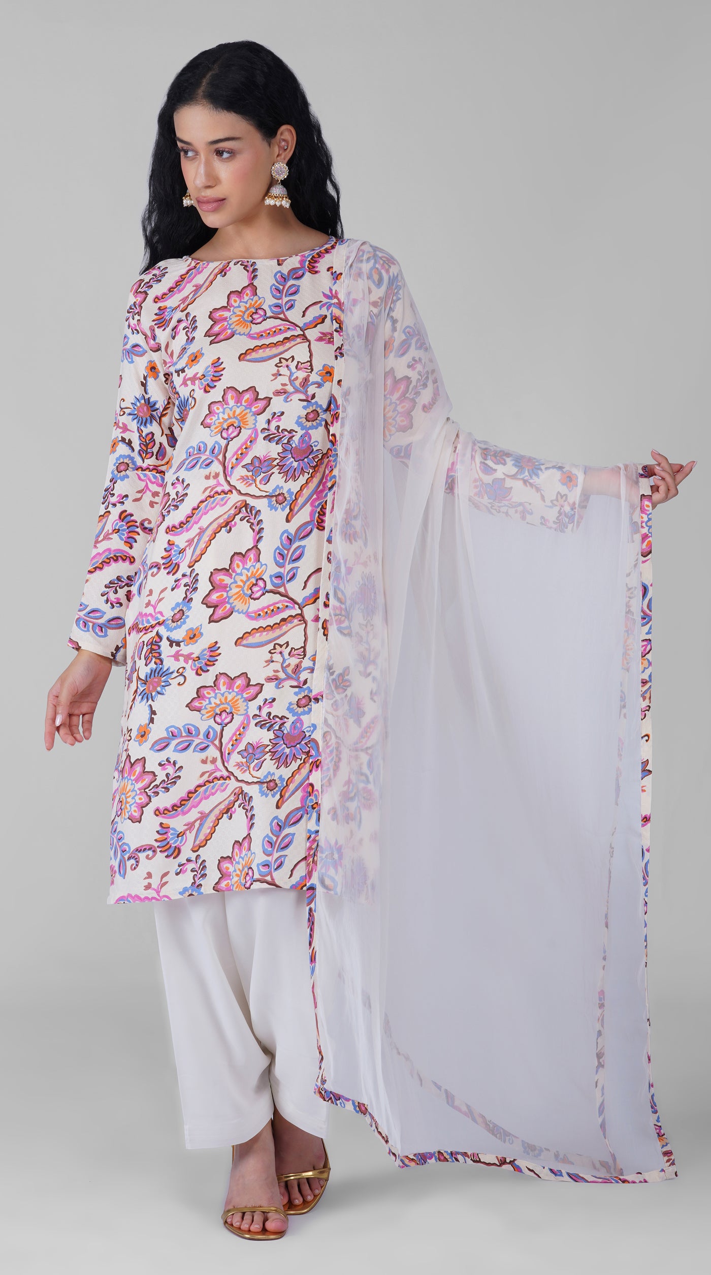 White floral print georgette suit set with chiffon dupatta