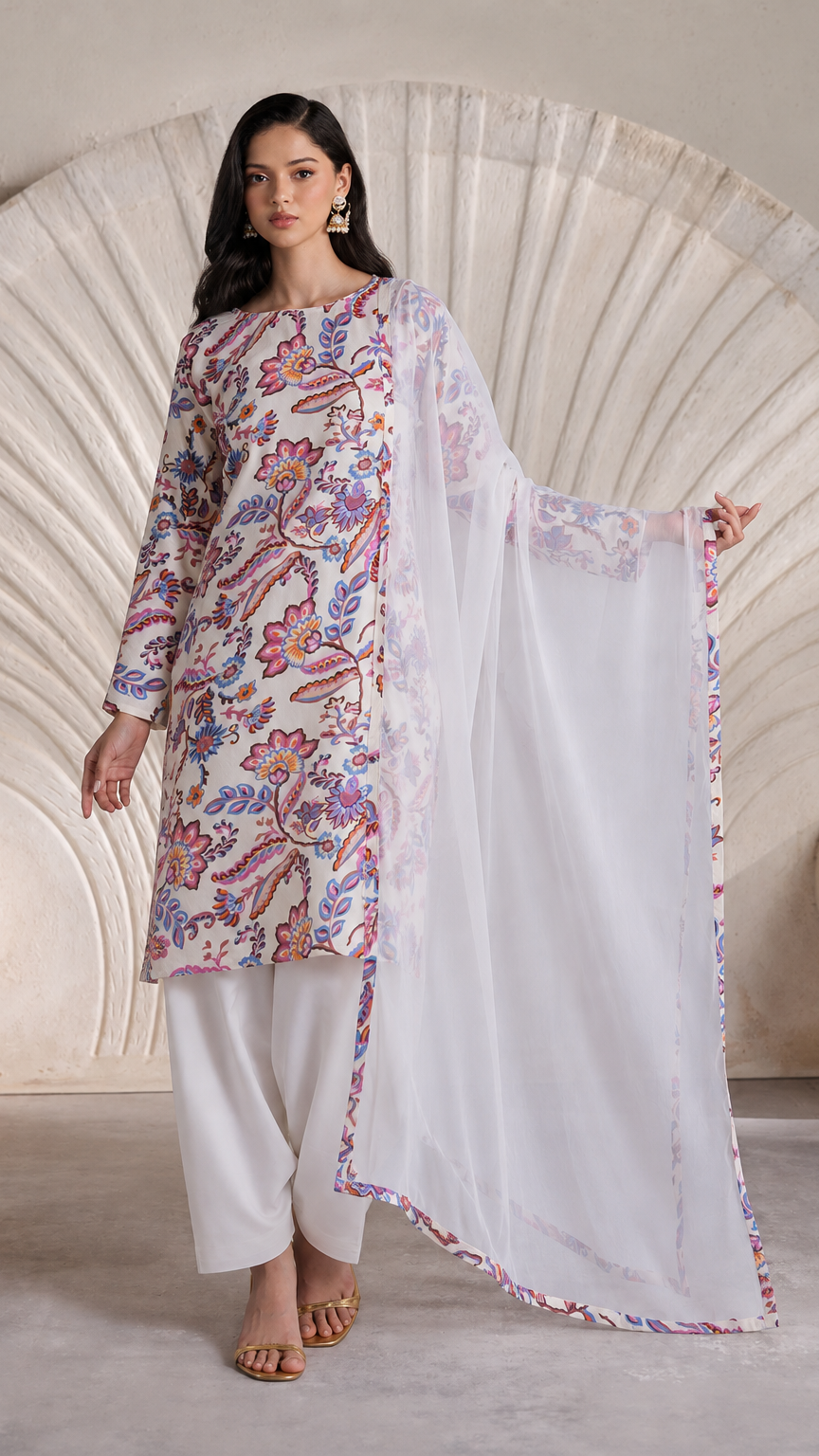 Buy white multicolour floral print Pakistani salwar kameez with loose trousers and matching sheer dupatta for women online at Diya Online.