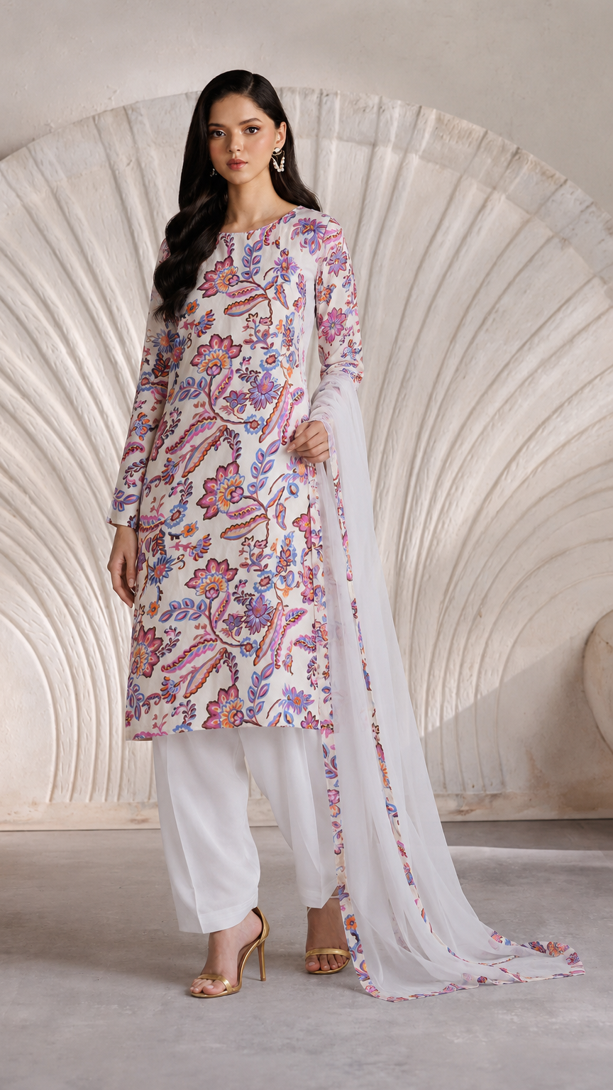 Buy white multicolour floral print Pakistani salwar kameez with loose trousers and matching sheer dupatta for women online at Diya Online.