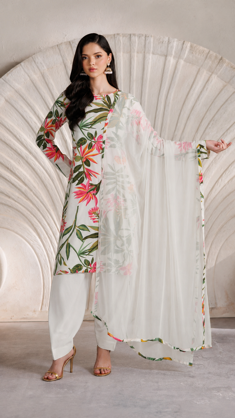 Ivory floral printed salwar kameez suit with white trousers and sheer matching dupatta
