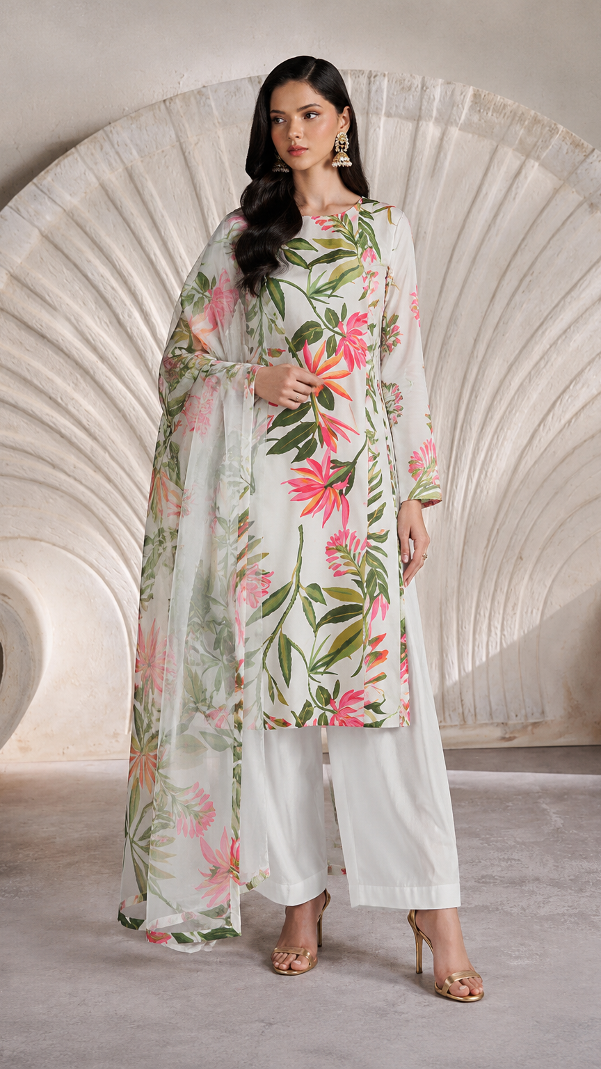 Ivory floral printed salwar kameez suit with white trousers and sheer matching dupatta
