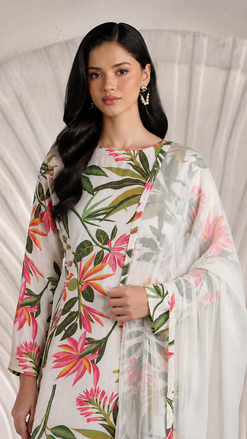 Ivory floral printed salwar kameez suit with white trousers and sheer matching dupatta
