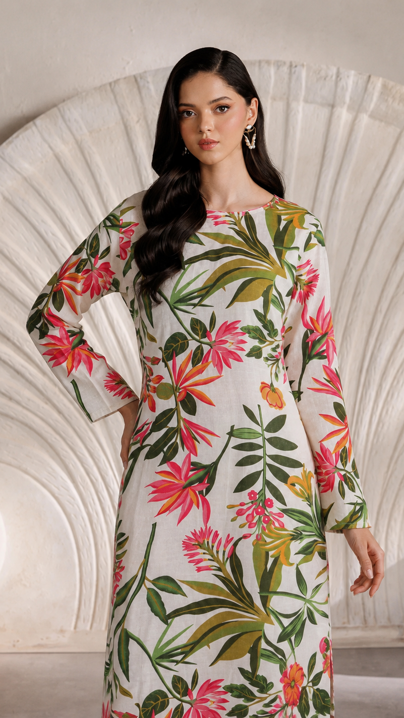 Ivory floral printed salwar kameez suit with white trousers and sheer matching dupatta
