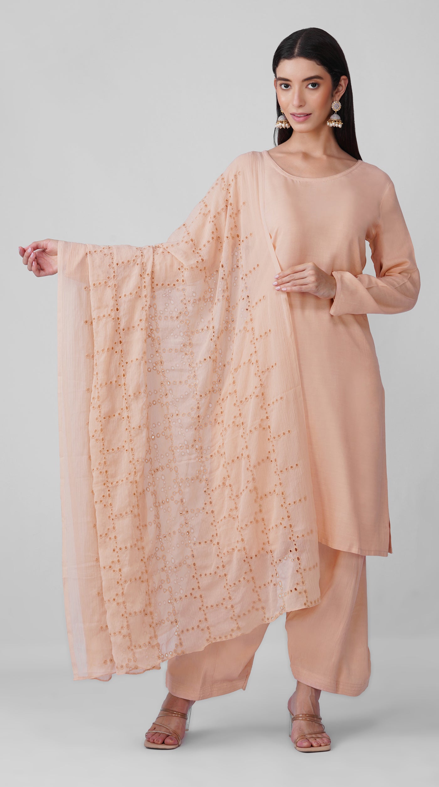 Peach Blossom Rayon Suit Set with White Salwar & Shifli Cotton Dupatta