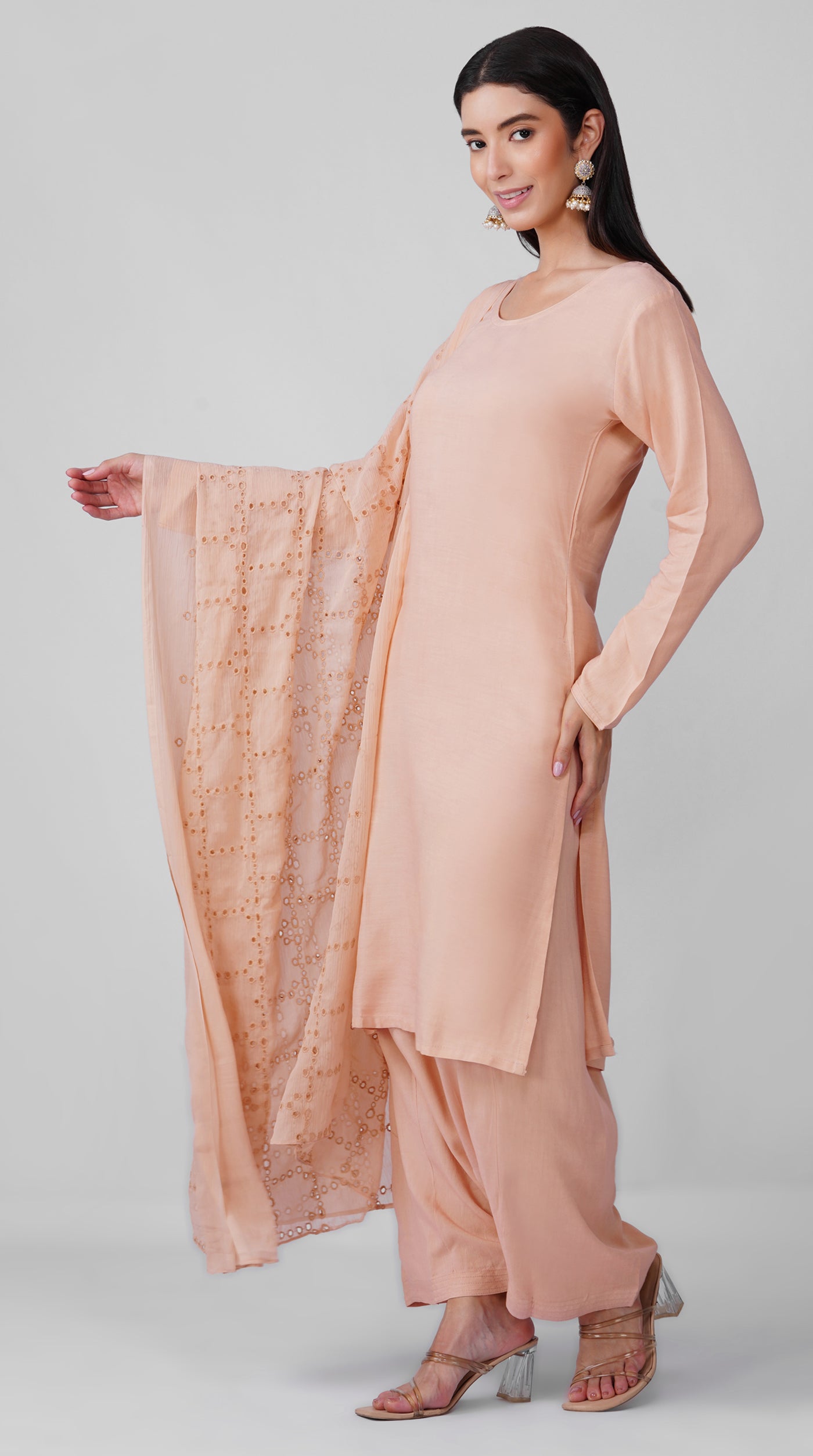 Peach Blossom Rayon Suit Set with White Salwar & Shifli Cotton Dupatta