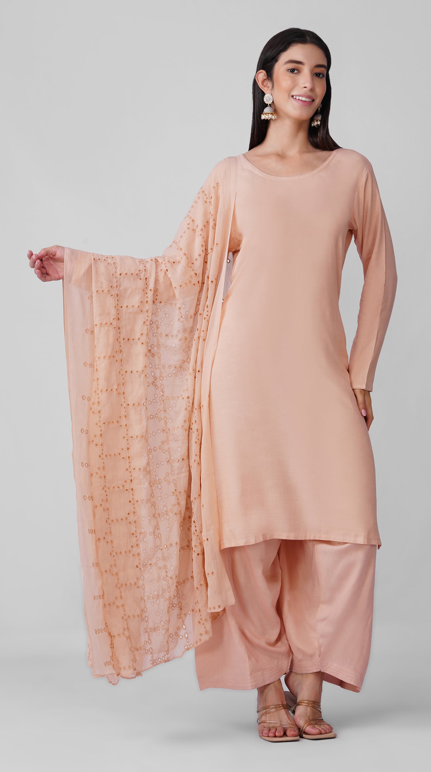 Peach Blossom Rayon Suit Set with White Salwar & Shifli Cotton Dupatta