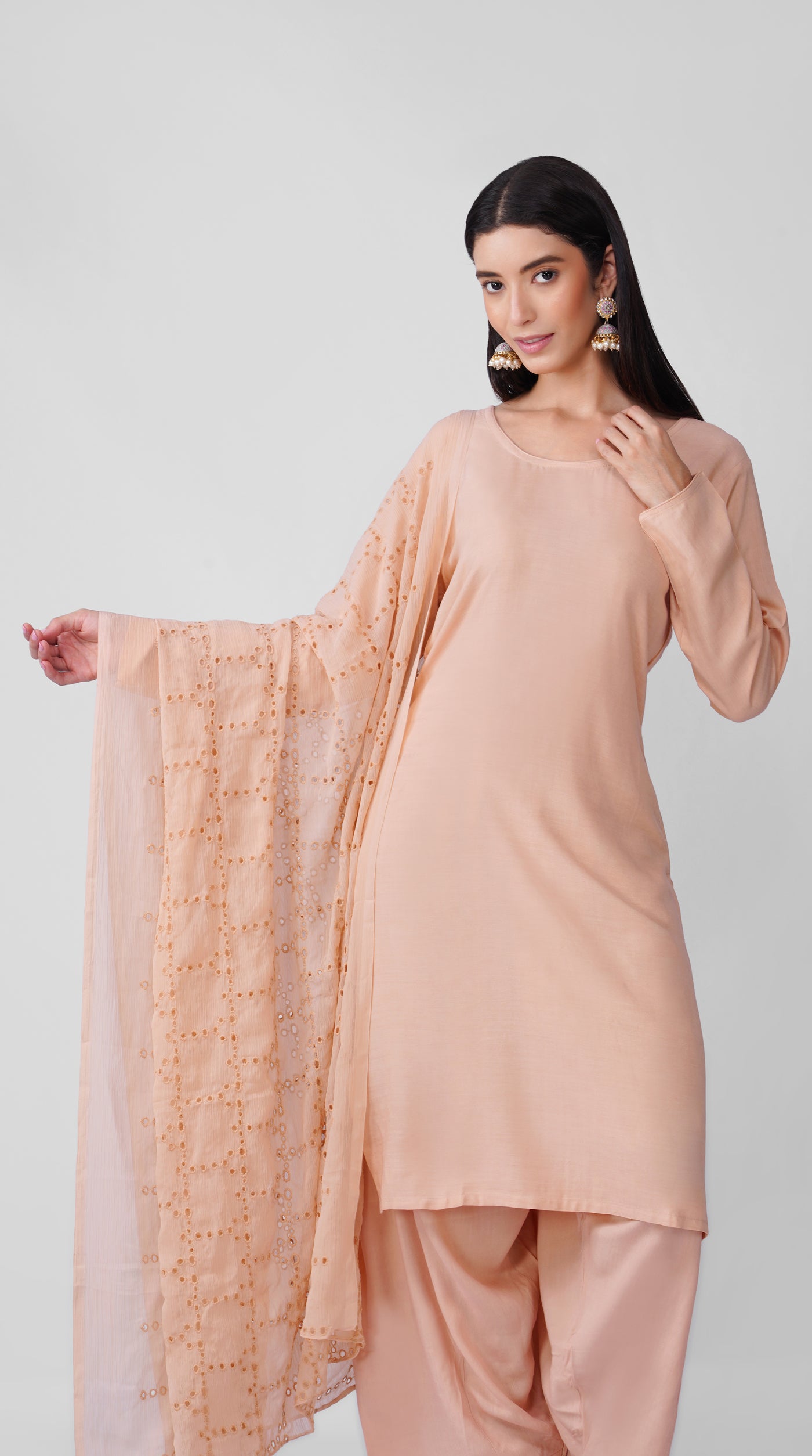 Peach Blossom Rayon Suit Set with White Salwar & Shifli Cotton Dupatta