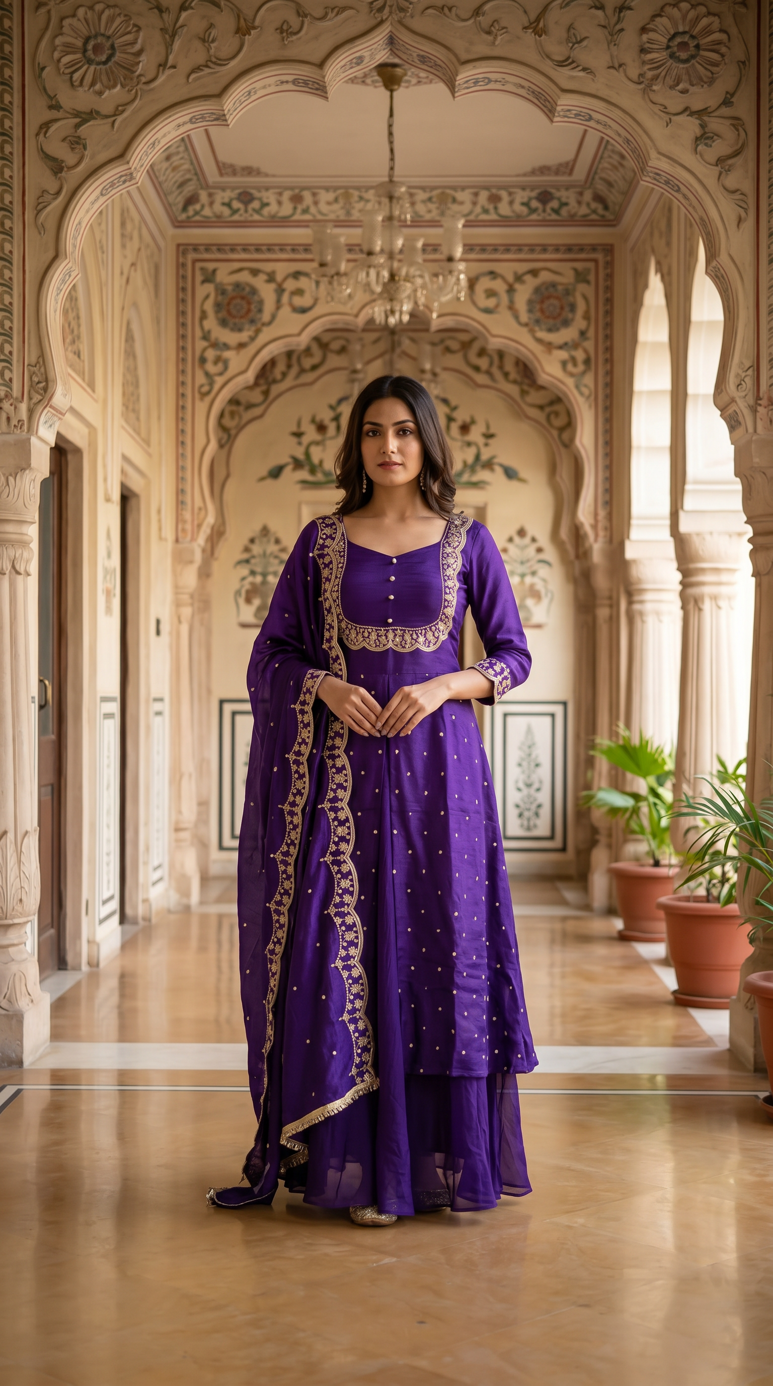 Purple Vichitra Silk Bias Cut Skirt Set with Scalloped Dupatta
