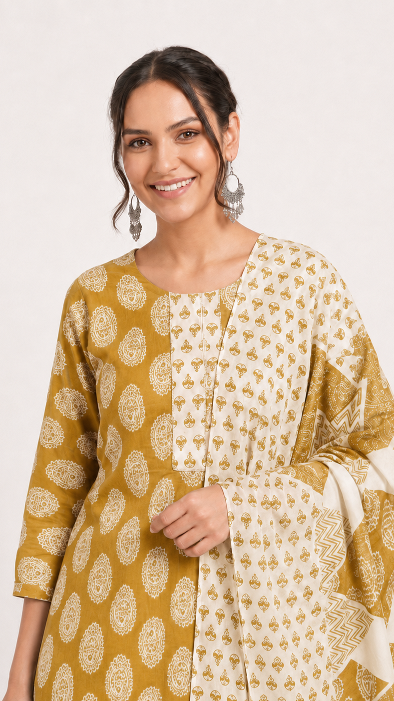 Cotton Mustard and Cream Trouser suit with Dupatta 