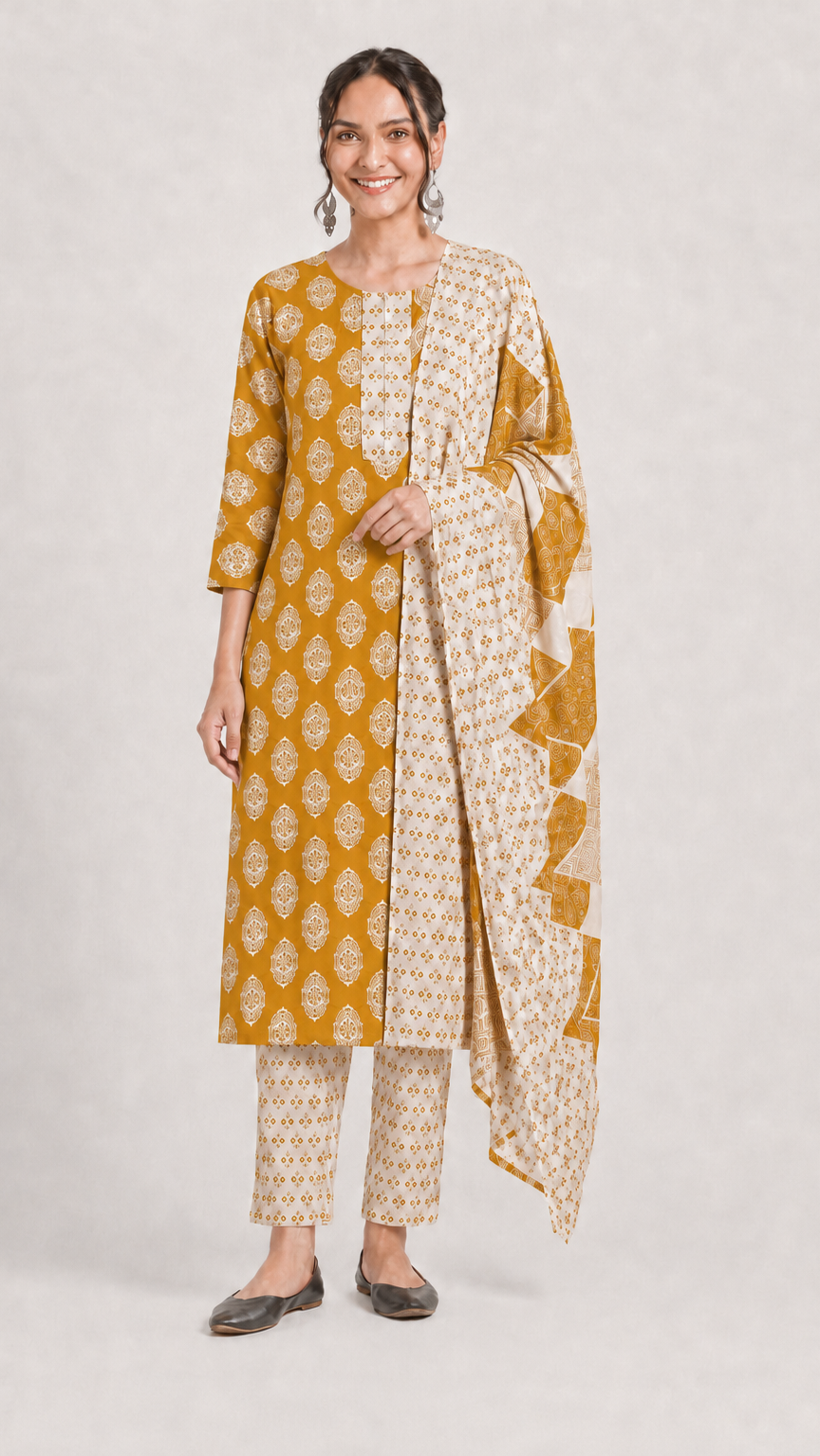 mustard yellow and cream printed kurta Cotton set with matching pants and a dupatta.