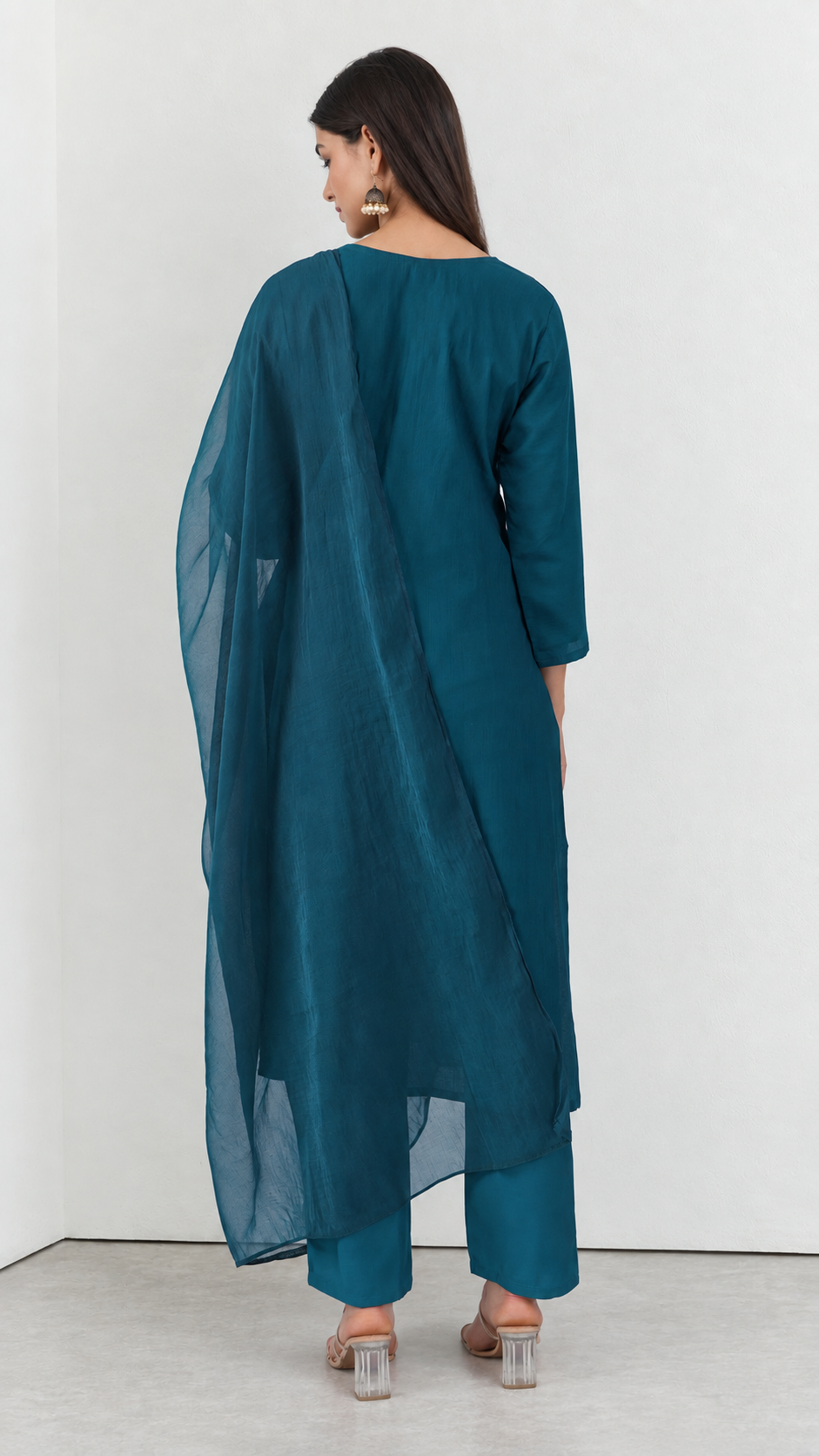 Teal cotton traditional suit with embroidery and dupatta