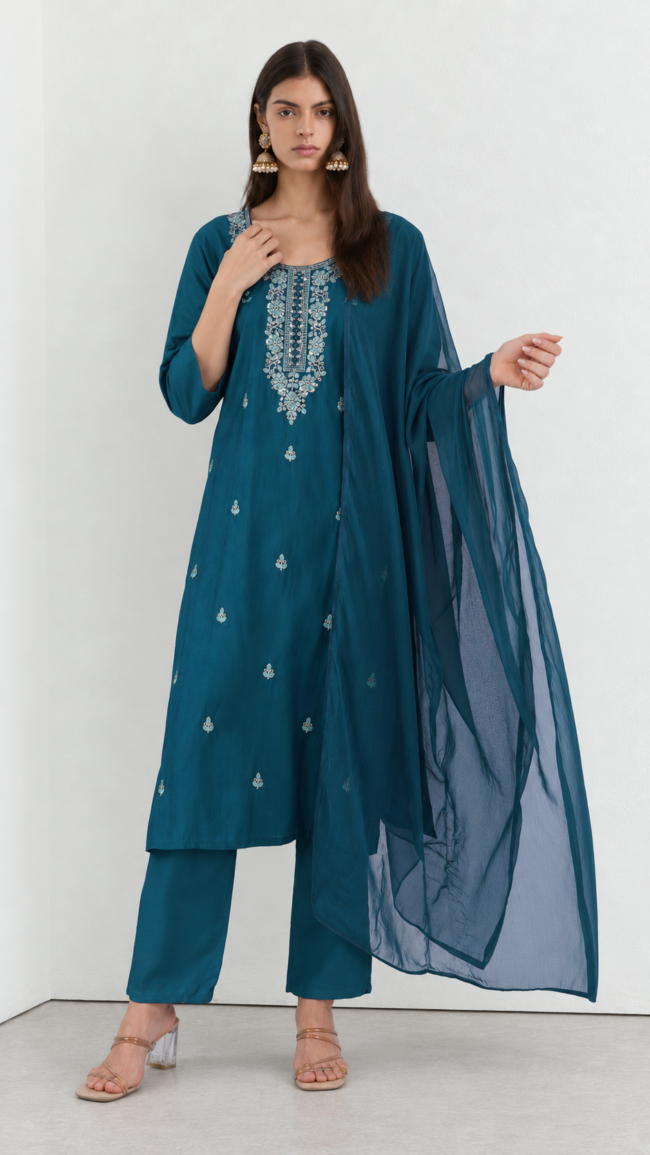 Teal cotton traditional suit with embroidery and dupatta