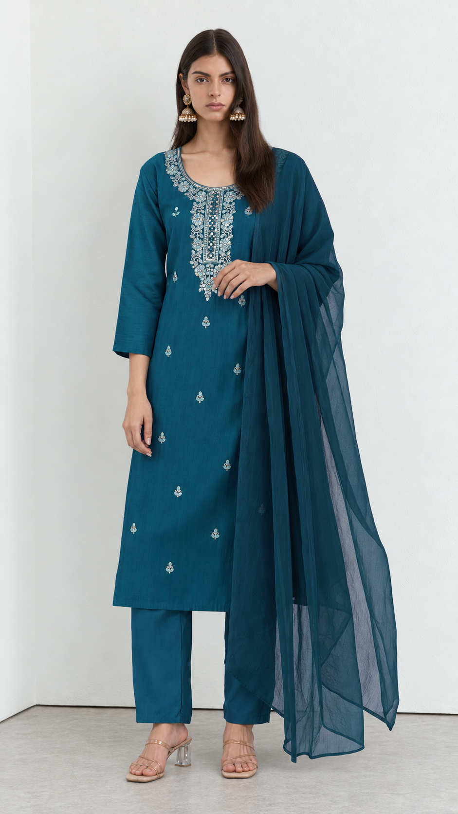 Teal cotton traditional suit with embroidery and dupatta