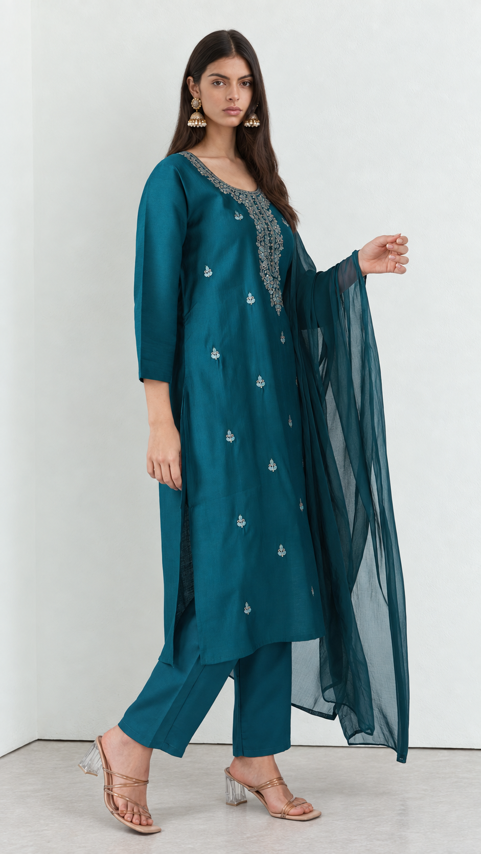 Teal cotton traditional suit with embroidery and dupatta