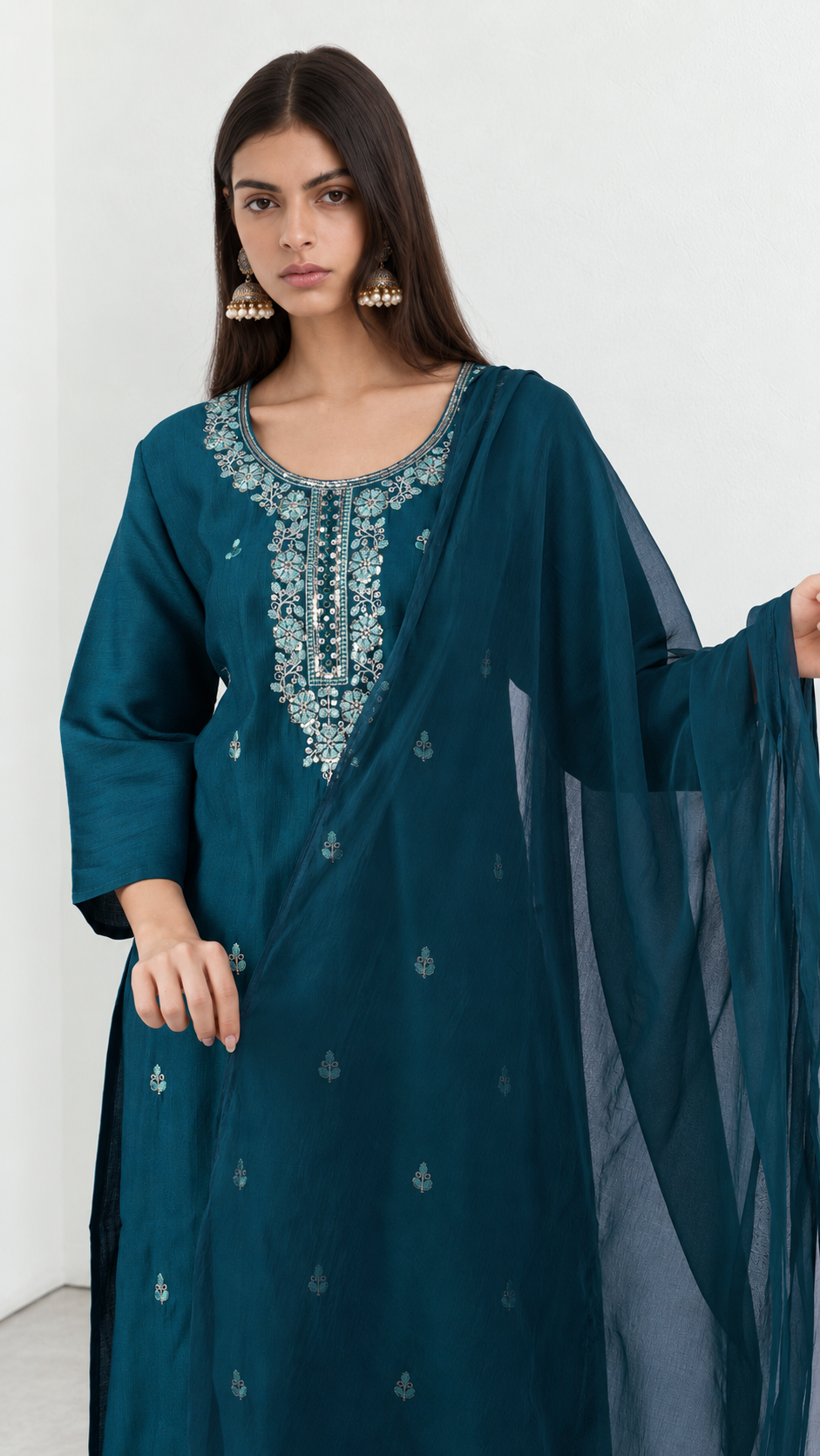Teal cotton traditional suit with embroidery and dupatta