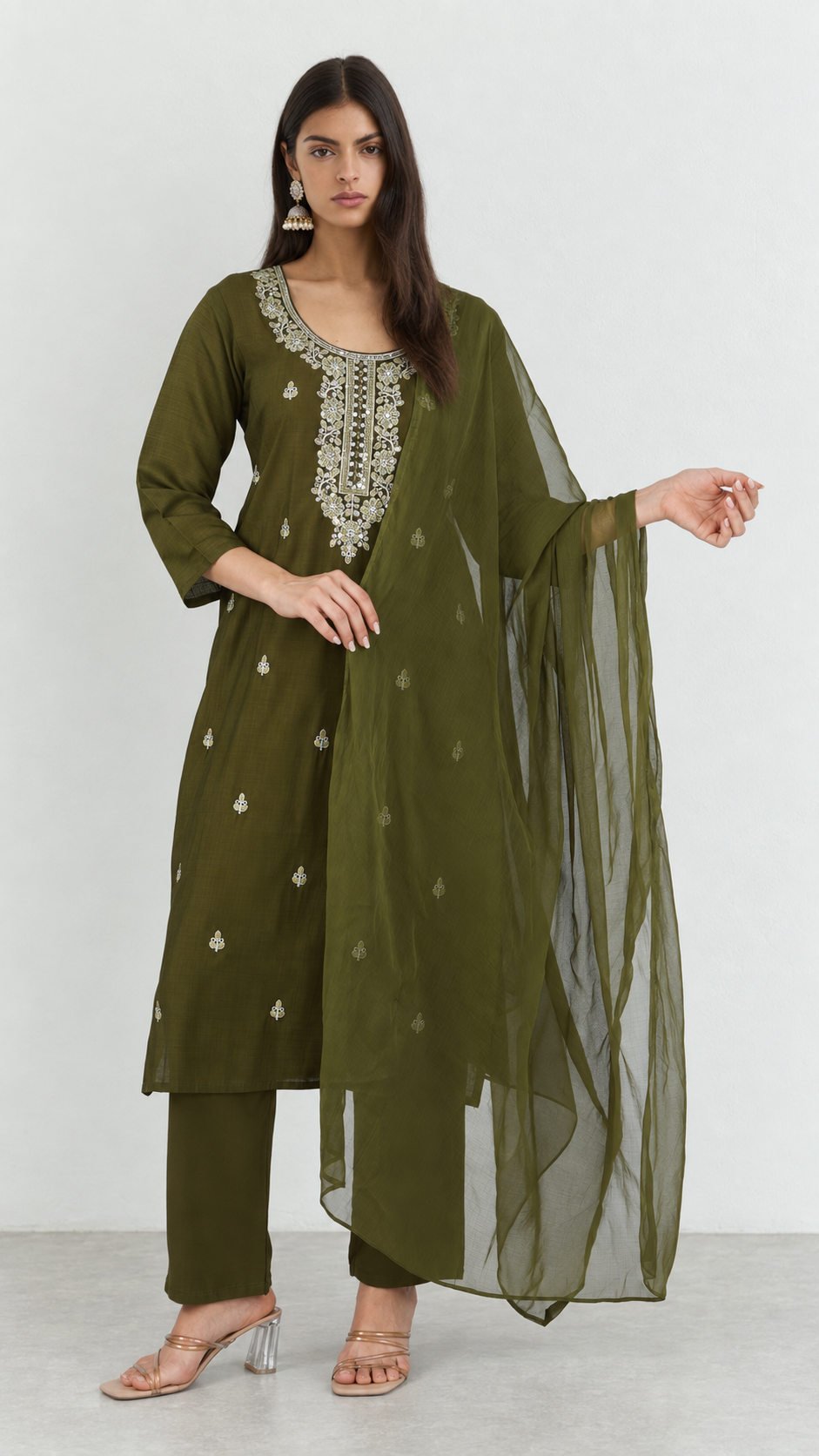 Dark green embroidered cotton suit set with matching dupatta