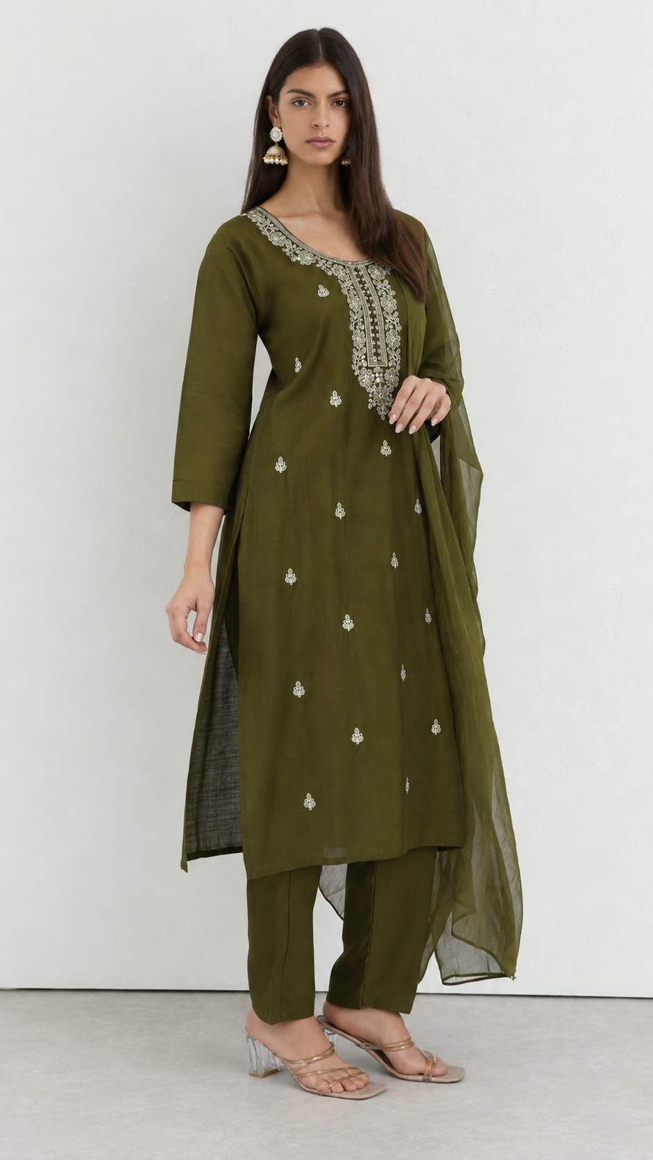 Dark green embroidered cotton suit set with matching dupatta