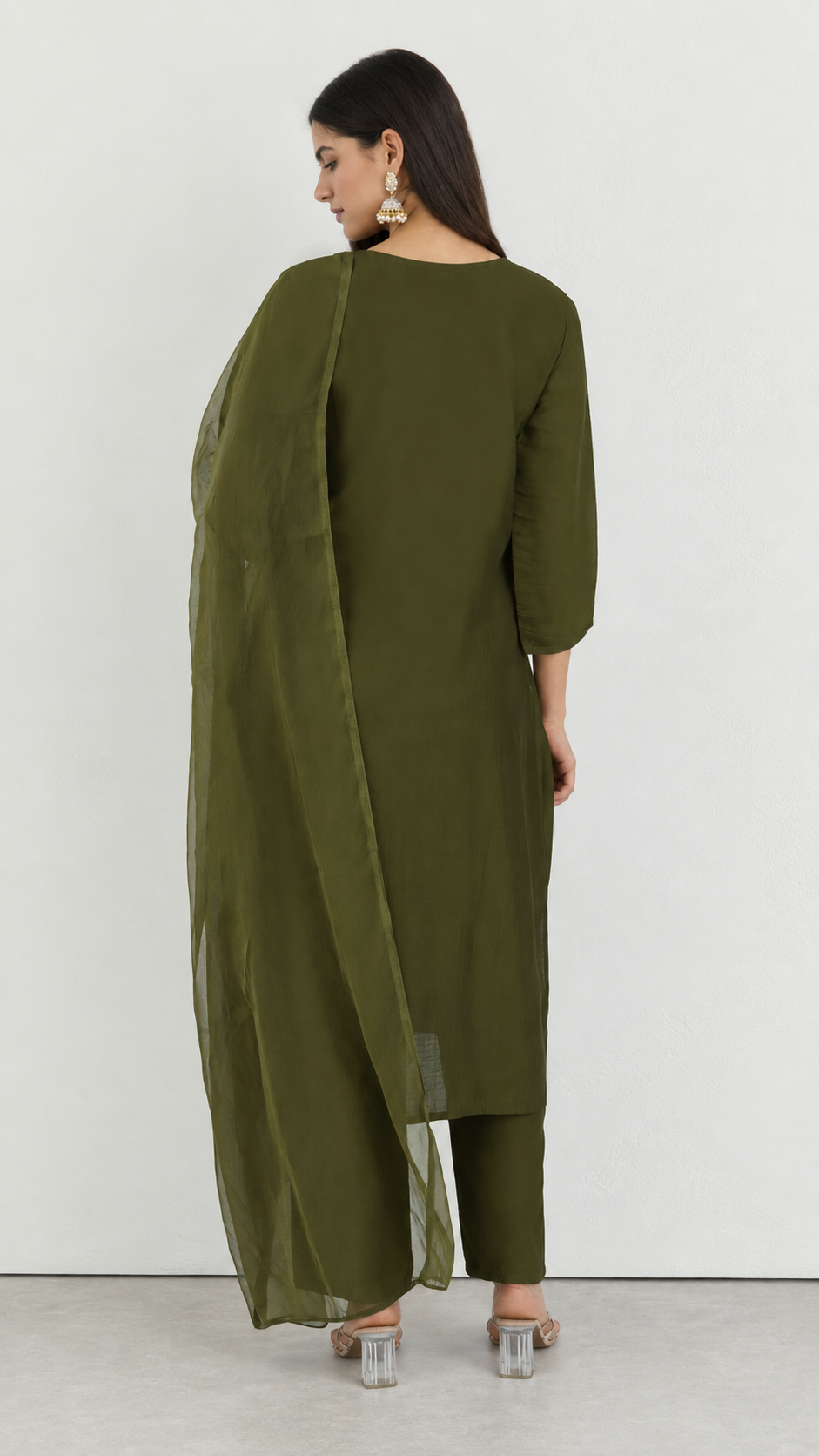 Dark green embroidered cotton suit set with matching dupatta