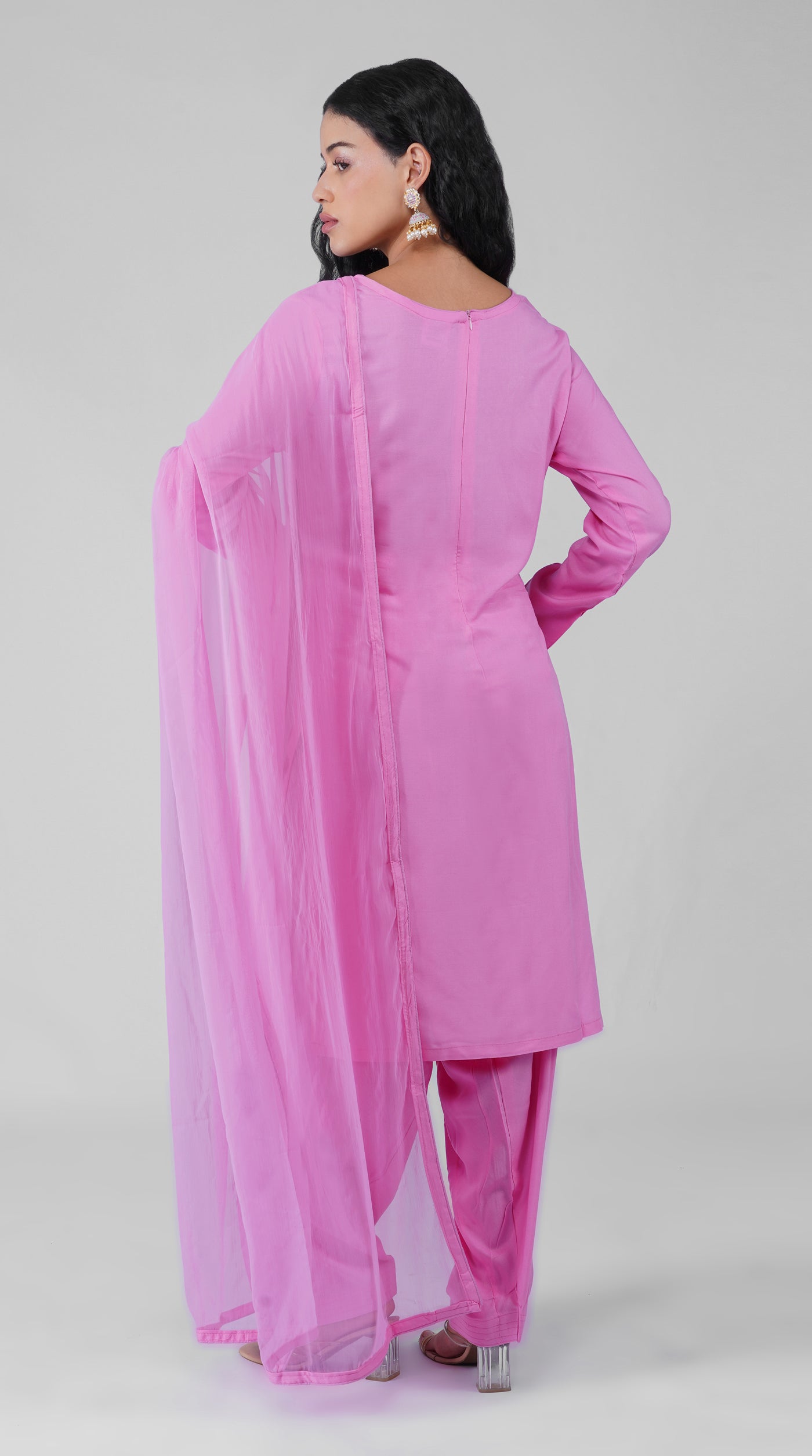 Full-length plain pink suit with matching salwar