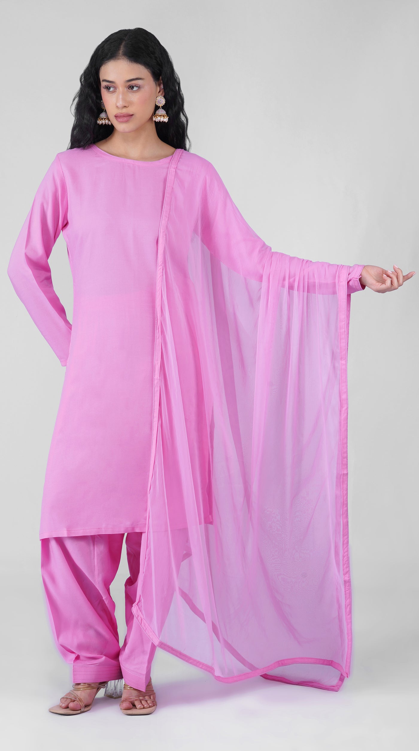 Plain pink rayon suit set with matching chiffon dupatta
