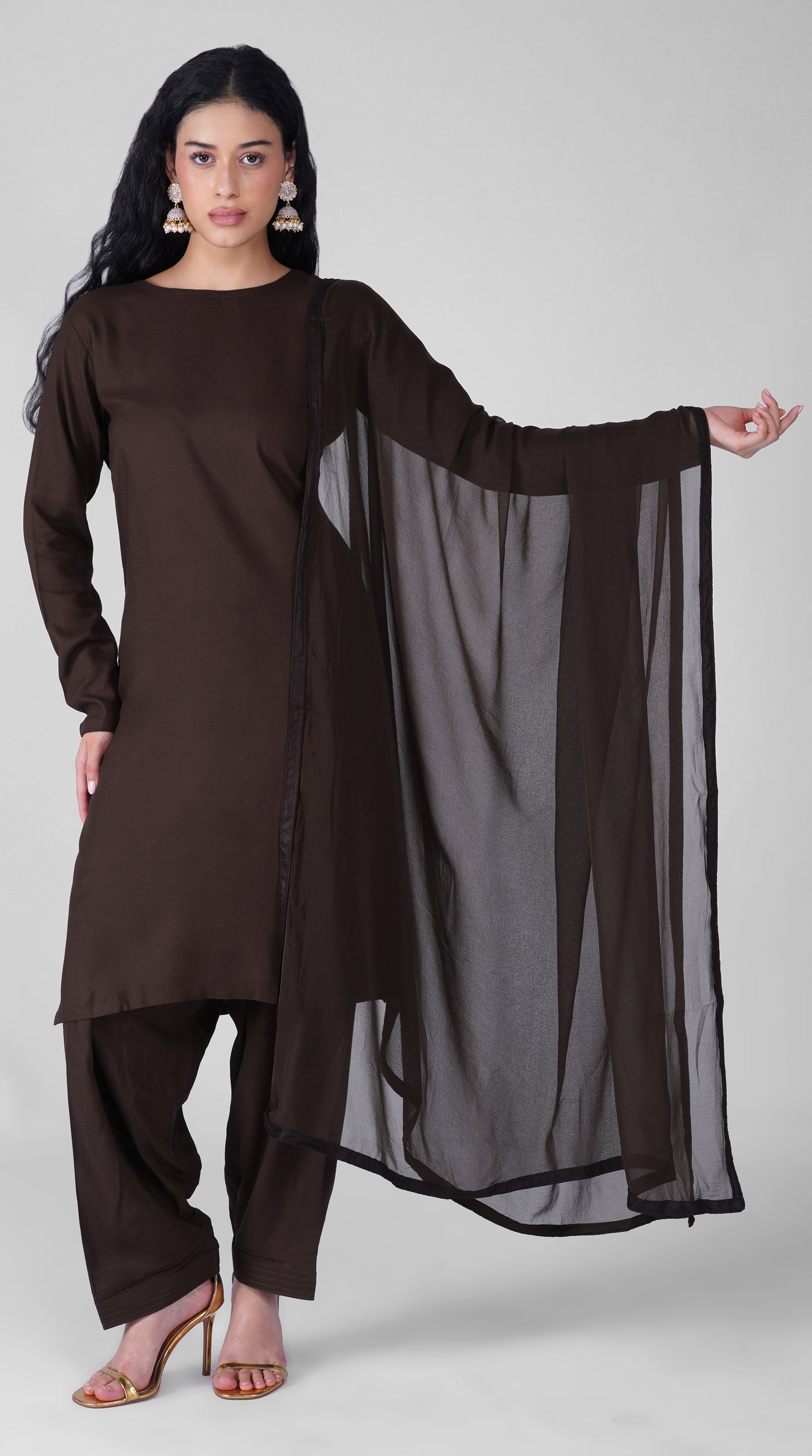 Plain chocolate rayon suit set with matching chiffon dupatta