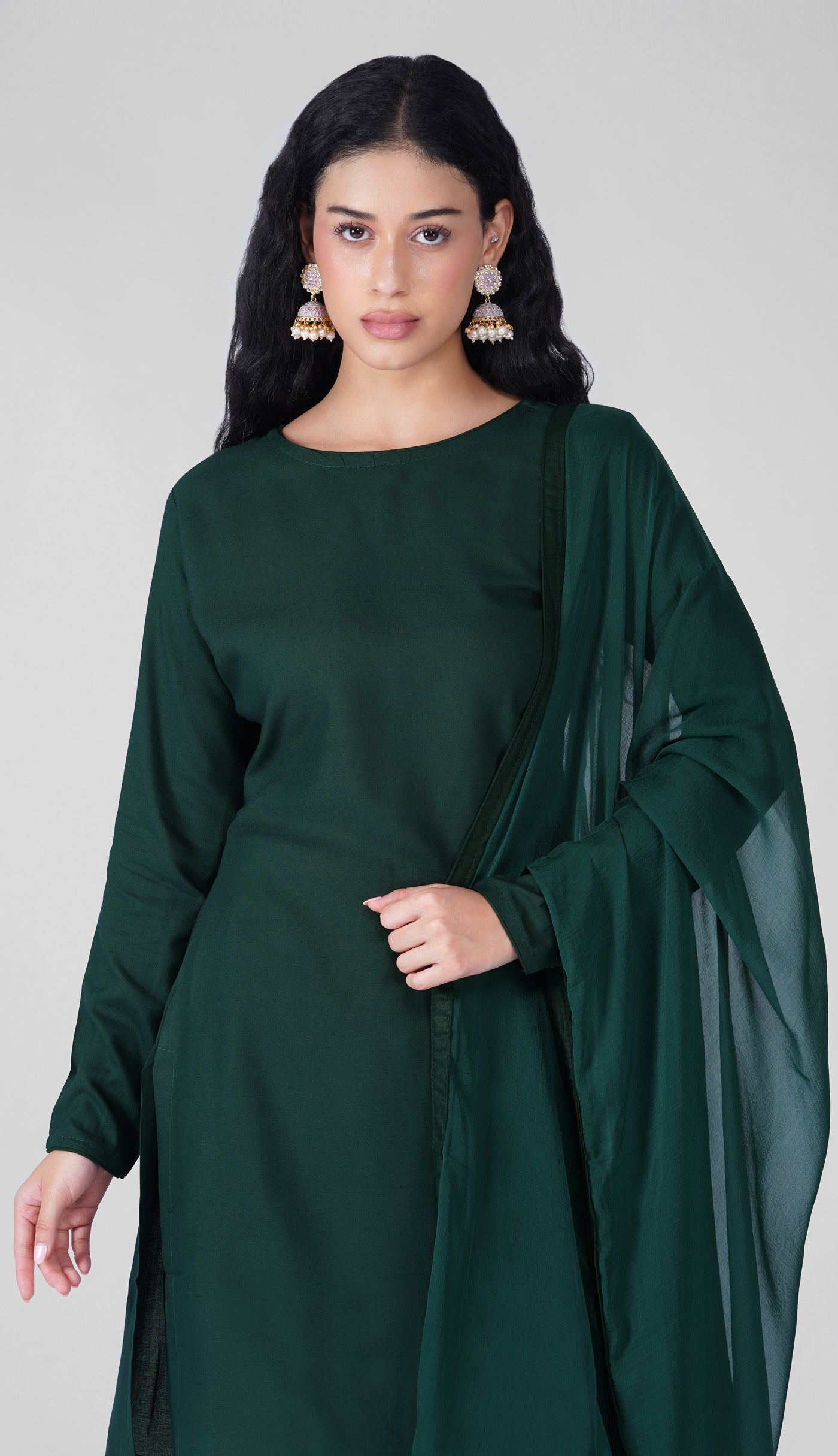 Dark green rayon kurta with crew neckline and full sleeves