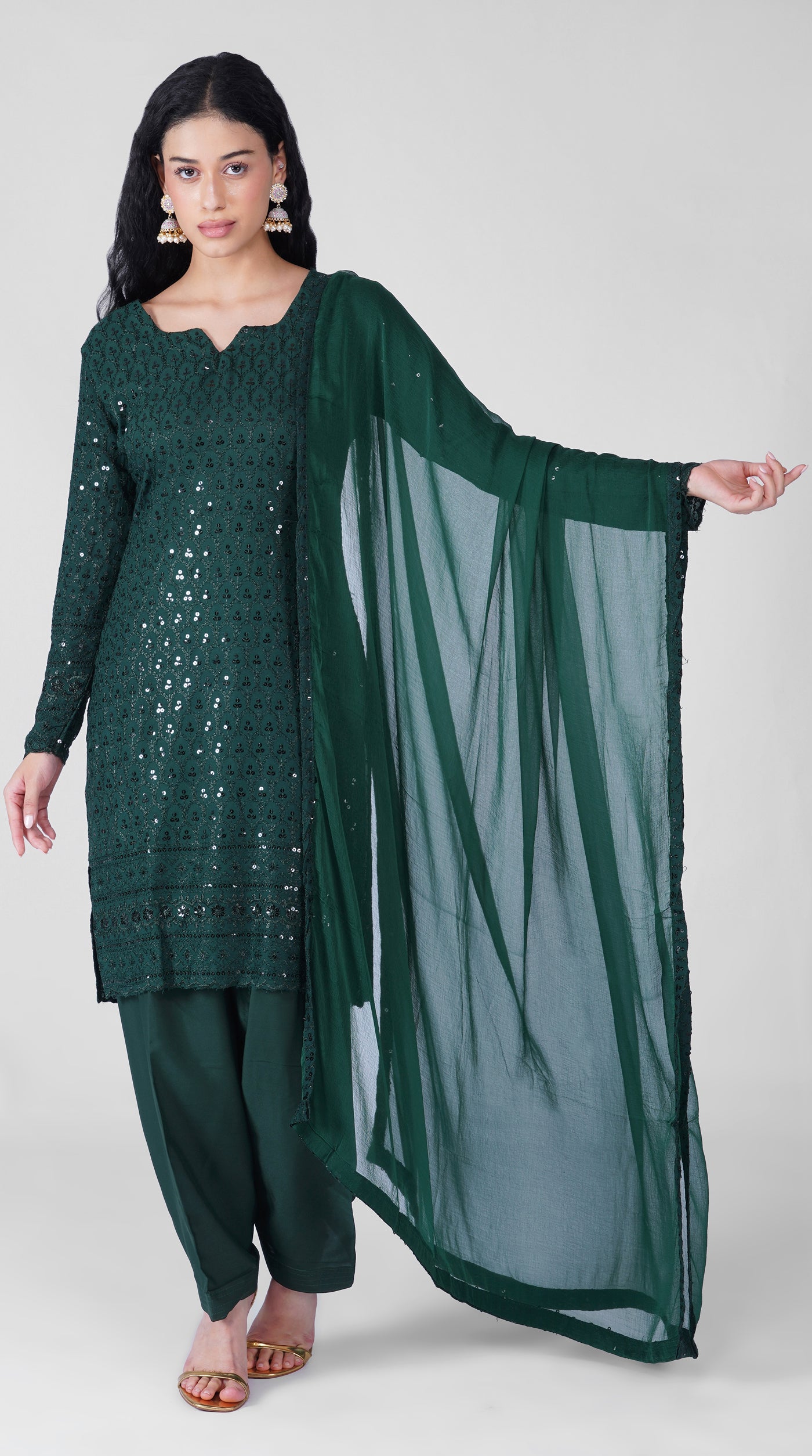 Dark green Chikankari rayon suit set with embroidered chiffon dupatta