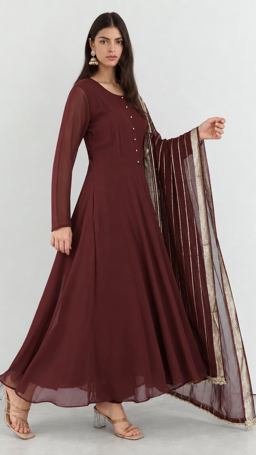 Maroon bias cut georgette suit set with jacquard dupatta