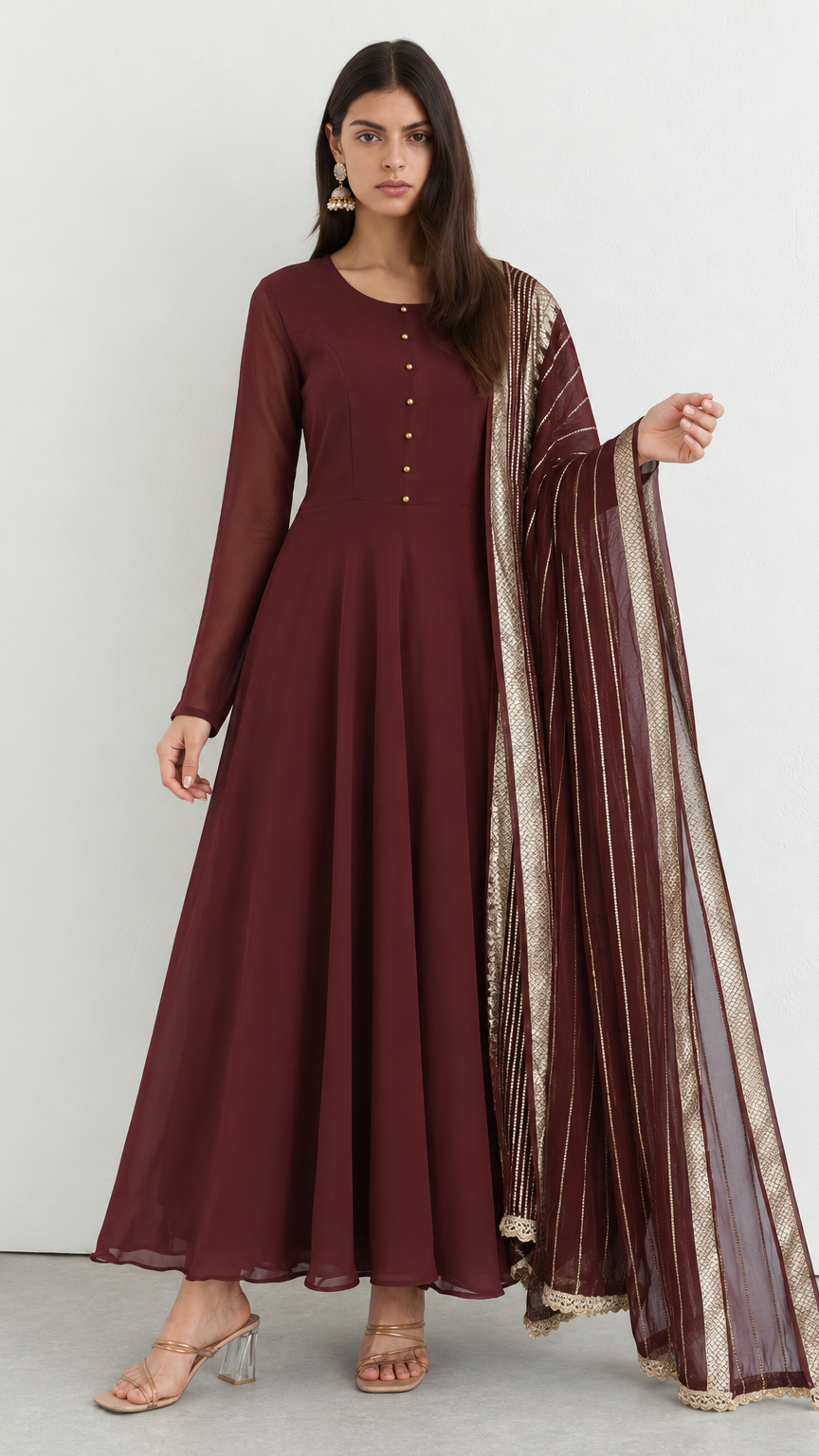 Maroon bias cut georgette suit set with jacquard dupatta