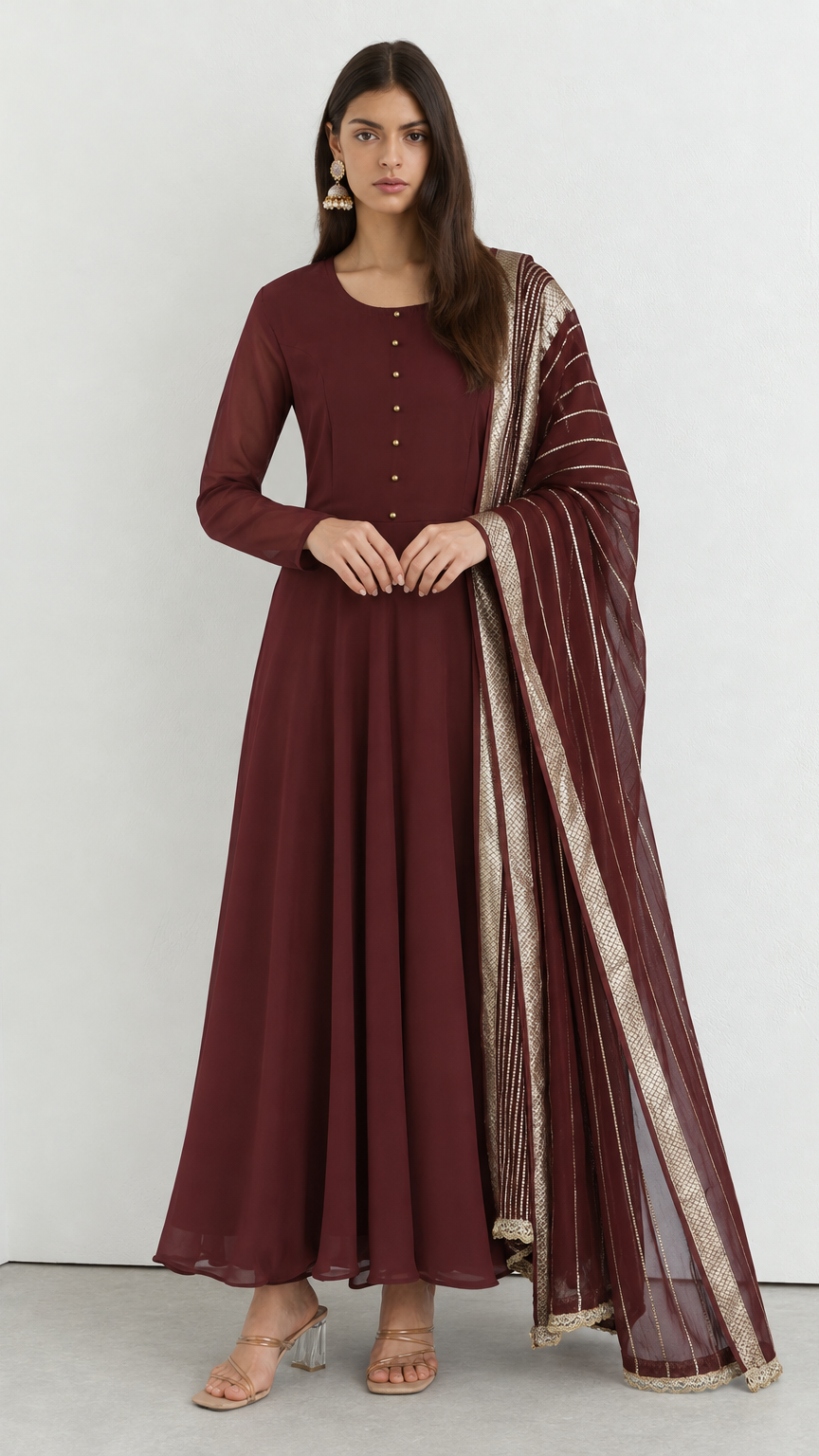 Maroon bias cut georgette suit set with jacquard dupatta