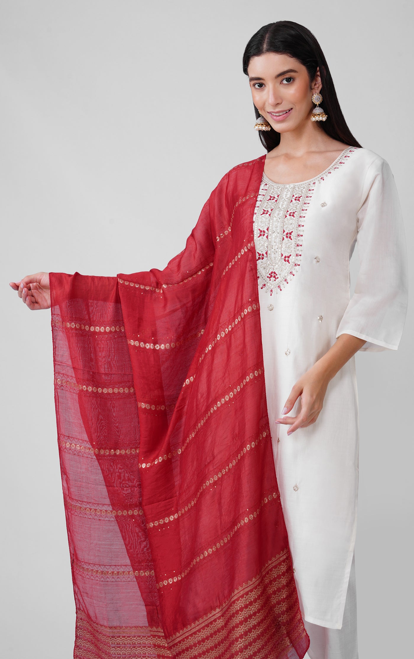 Ivory Roman Silk Kurta Set with Maroon Chanderi Dupatta