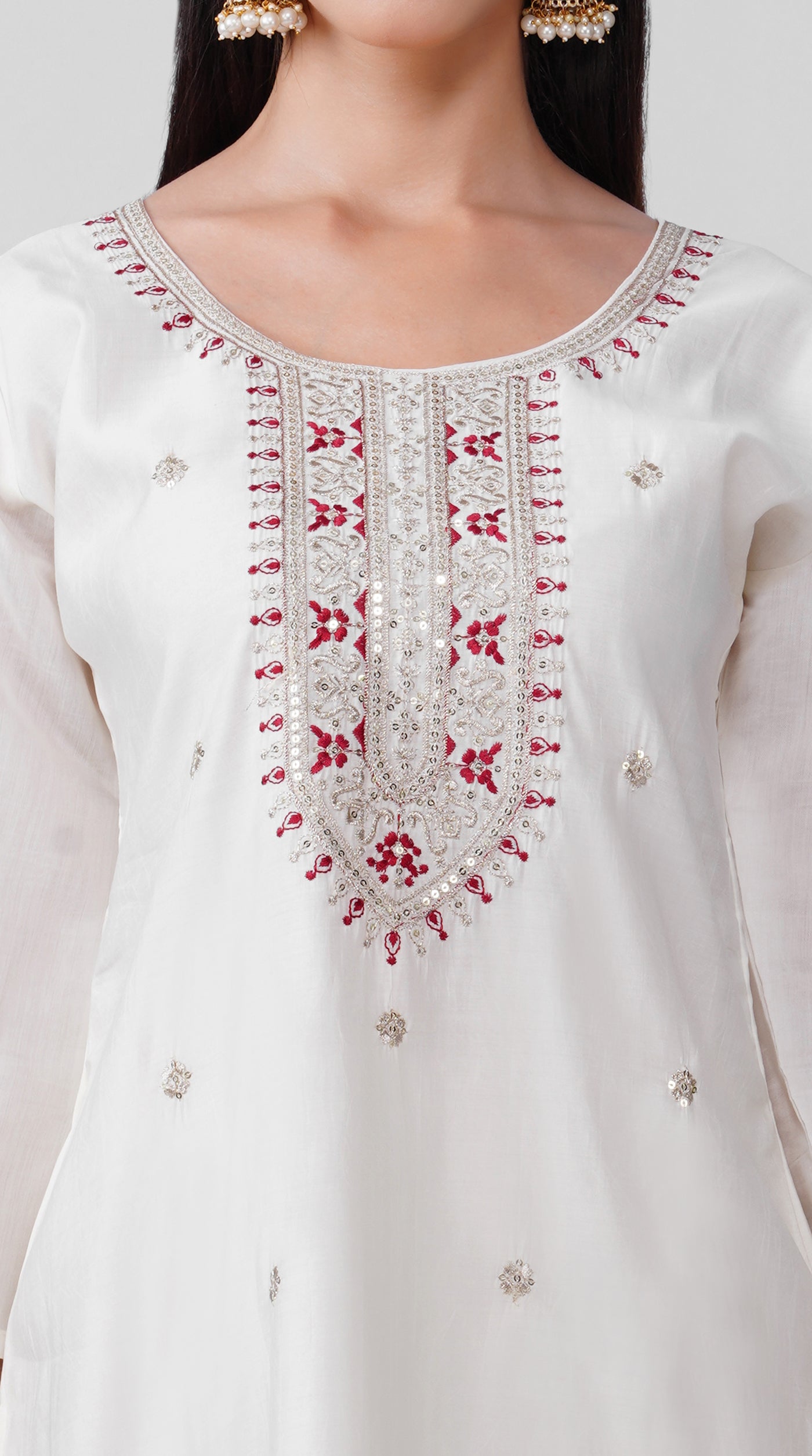 Ivory Roman Silk Kurta Set with Maroon Chanderi Dupatta
